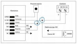 Schemat elektryczny przedstawiający podłączenie klawiatury, przycisku wyjścia, zasilania, zamka i elektrozaczepu.