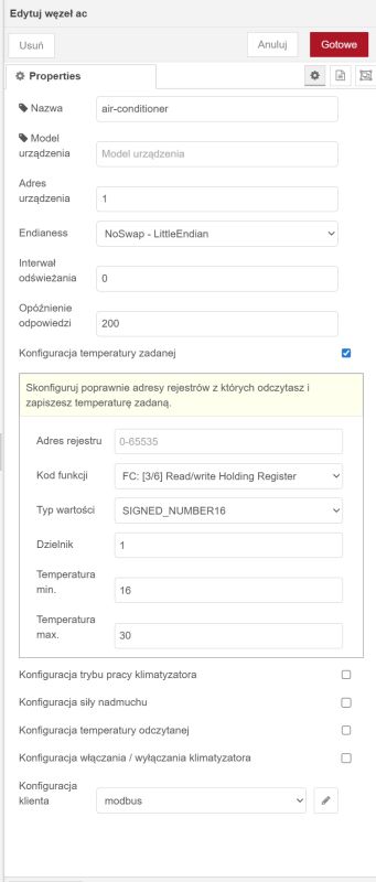 Zrzut ekranu edycji węzła „air-conditioner” z ustawieniami Modbus i konfiguracją temperatury