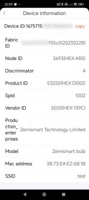 Device information with ID, node identifier, addresses, and Zemismart bulb model.