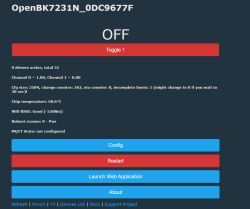 OpenBK7231N device control panel with OFF status and red Toggle 1 button.