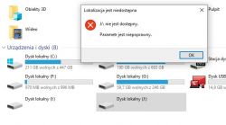 Zrzut ekranu z komunikatem o błędzie dla dysku J.