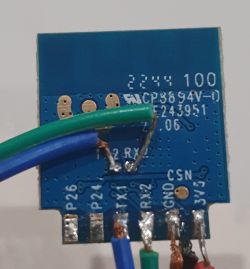 Close-up of FL-S117A-V2.2 PCB Close-up view of a PCB with connected wires.