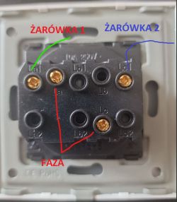 Widok gniazda elektrycznego z oznaczeniami przewodów.