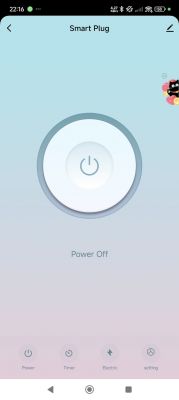 Tuya App Main Screen with Smart Plug Tuya app screen showing smart plug status with power on/off button.