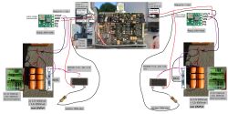 Schemat elektryczny modyfikacji zasilania lasera geodezyjnego Quante 250 DI z zamianą akumulatorów NiCd na LiFePO4, z użyciem modułów step-up/step-down, BMS, MOSFET-ów i oporników.