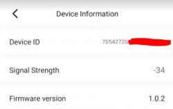 Screenshot of device information from the app, showing device ID, signal strength, and firmware version.