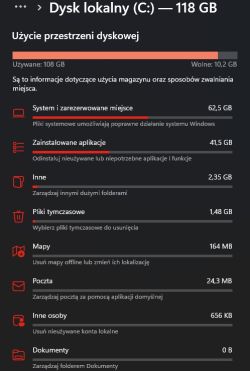 Zrzut ekranu użycia miejsca na dysku C: w Windows 11, 118 GB, wolne 10,2 GB.