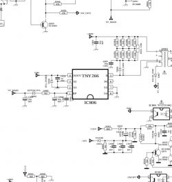 Część schematu elektronicznego z oznaczeniami różnych komponentów, takich jak kondensatory, przeciążenia IC i rezystory.