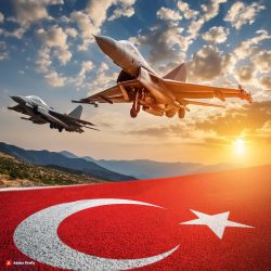 Dwa myśliwce w locie nad turecką flagą z zachodzącym słońcem w tle.