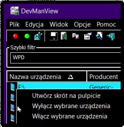 Zrzut ekranu programu DevManView z zaznaczonym urządzeniem.