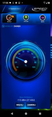 Ekran z aplikacji V-Speed.EU pokazujący siłę sygnału LTE -113 dBm (27 ASU)