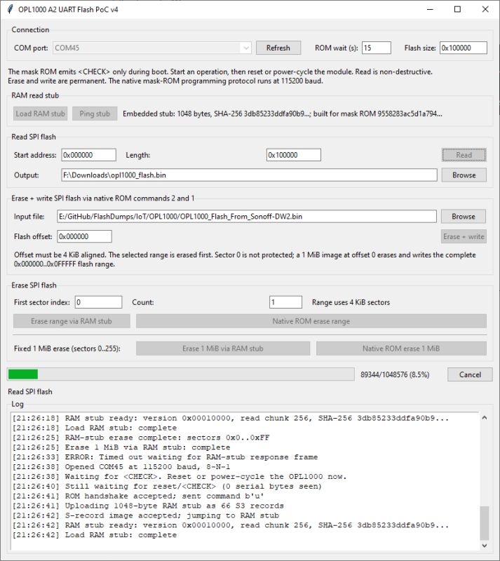 Screenshot of OPL1000 A2 UART Flash PoC v4 showing SPI flash tools, log panel, and 8.5% progress