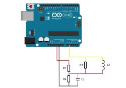 Schemat podłączenia Arduino UNO z przekładnikiem prądowym przez rezystory i kondensator.