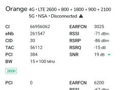 Dane sygnału sieci Orange LTE i 5G z informacją o rozłączeniu 5G NSA