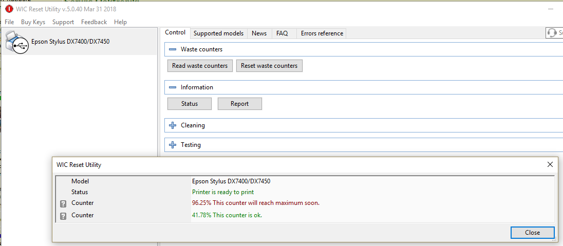 Epson DX7450 - Czy reset pampersa możliwy bez zakupu klucza?