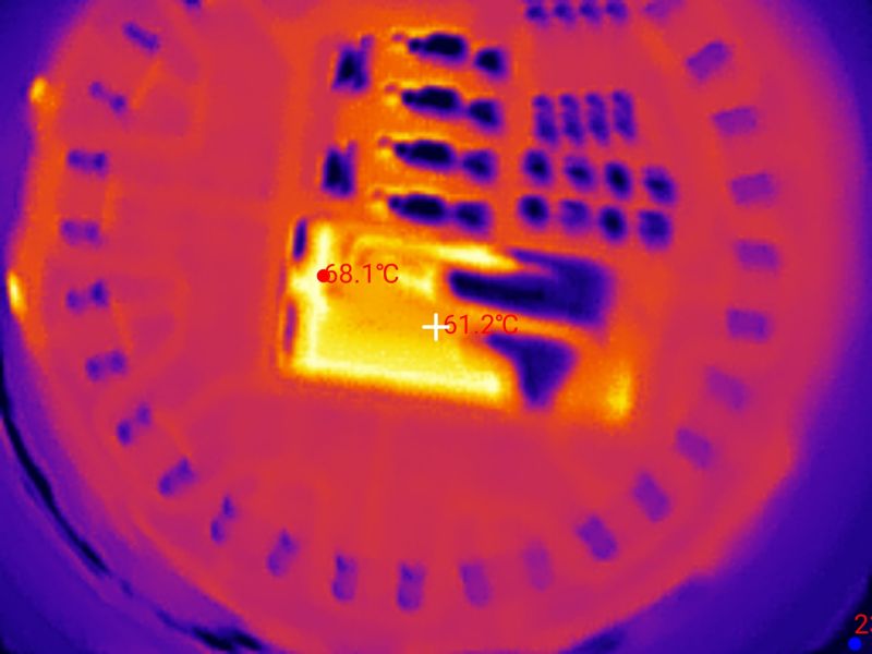 Thermal image of LED lamp interior with marked temperature measurement points