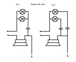 Schemat przedstawiający dwa różne układy obwodów z żarówkami i kondensatorami.