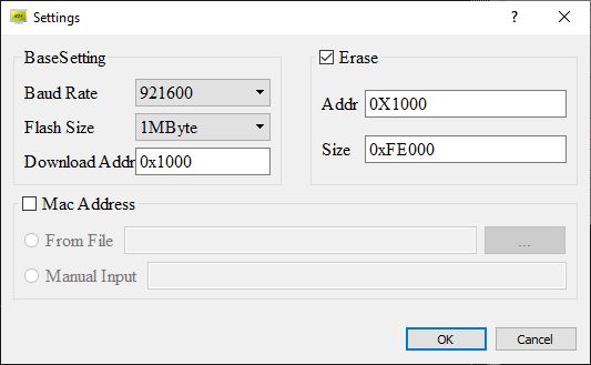Settings window with Baud Rate, Flash Size, Download Addr, and erase memory options.