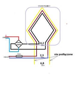 Schemat połączeń stojana prądnicy z zaznaczonymi oporami i niepodłączonymi przewodami