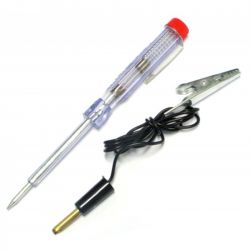 Próbnik napięcia z żarówką oraz przewodem zakończonym krokodylkiem.