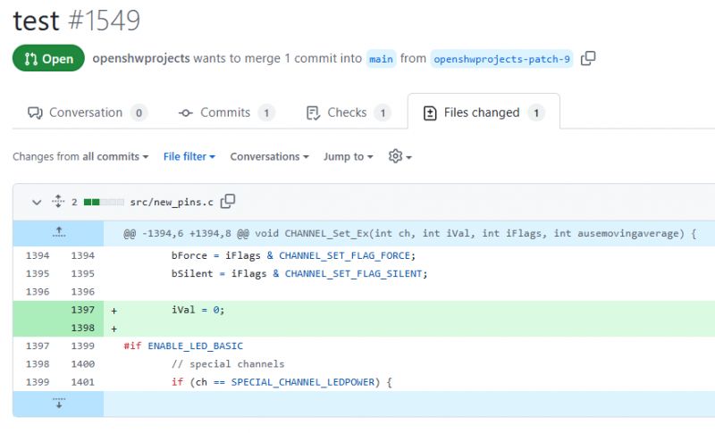 Screenshot shows a GitHub pull request for merging a branch in the openshwprojects project.
