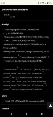 Fragment strony internetowej z opisem specyfikacji płyty głównej.