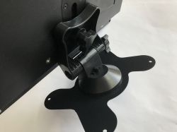 Adjustable black stand and mount of a small monitor, rear view on a white background