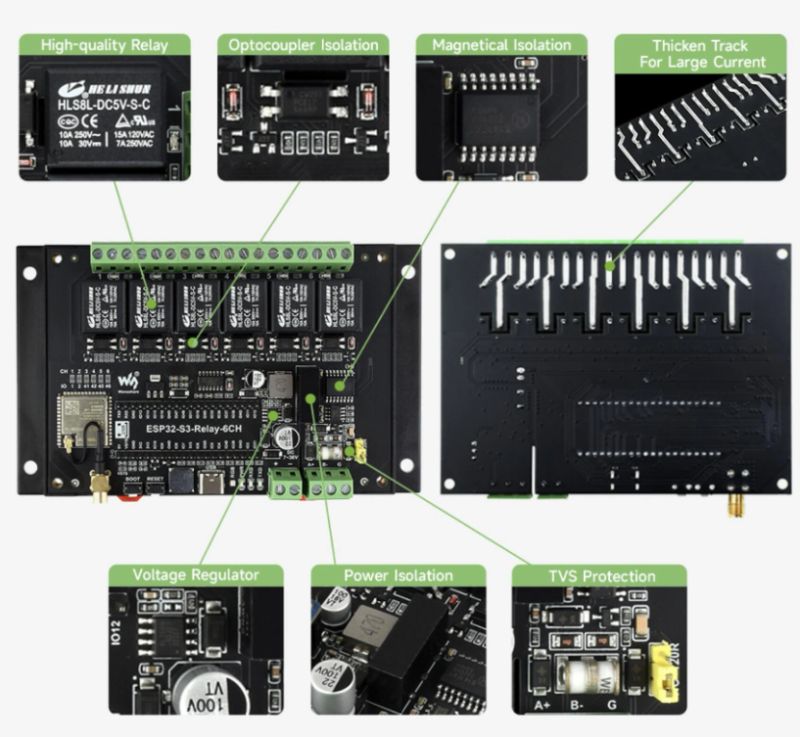 ESP32-S3 relay board with protection and isolation highlights ESP32-S3 relay board with 6 relays, isolation features and protection components shown