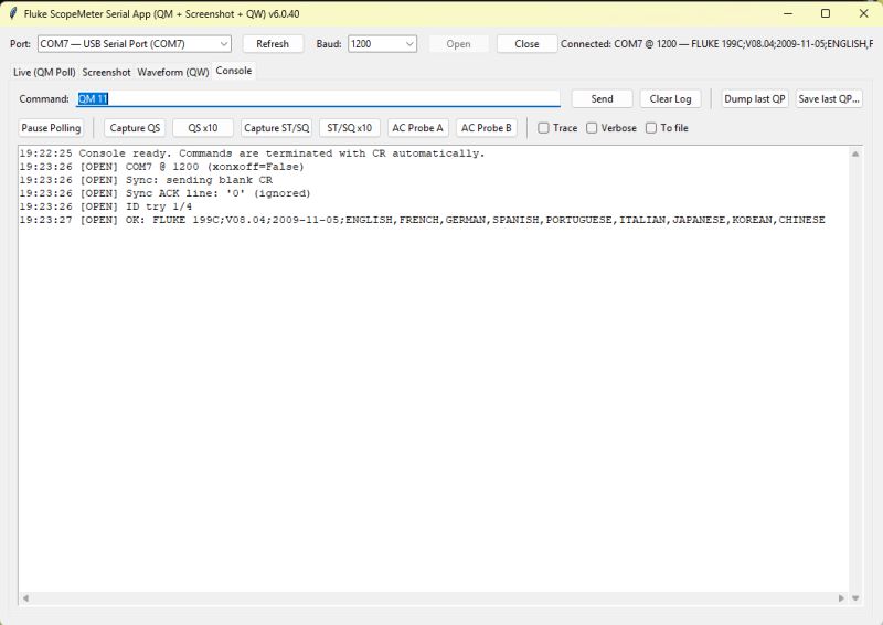 Fluke ScopeMeter app connected to COM7 port with identification readout.