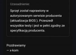 Zrzut ekranu z odpowiedzi serwisu dotyczącej naprawy i zgodności sprzętu z producentem.