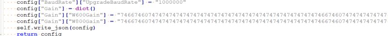 A snippet of Python code with dictionary assignments and configuration saving.