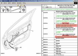 Schemat wiązki przewodów drzwi przednich samochodu Peugeot 307 z oznaczeniami części.