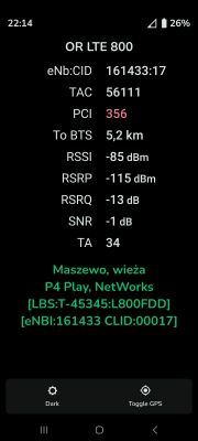 Zrzut ekranu z informacjami o sieci LTE 800 MHz, w tym parametry sygnału i lokalizacja nadajnika.