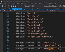 Screenshot of Visual Studio showing source code with a missing entry for the freeglut library.