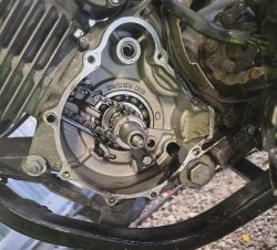 Exposed motorcycle engine with visible timing chain and internal components