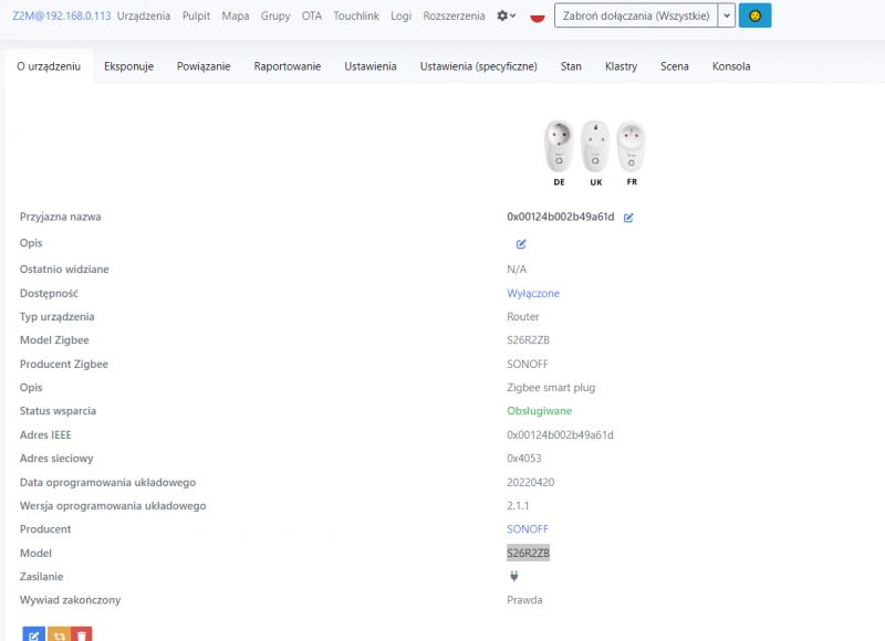 Ekran interfejsu z informacjami o urządzeniu Zigbee S26R2ZB Sonoff.