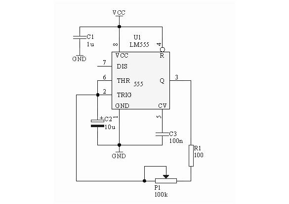 Schemat generatora astabilnego 1Hz-5kHz z NE555, wypełnienie 50%