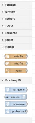 Node-RED panel showing node categories, including Raspberry Pi and storage.