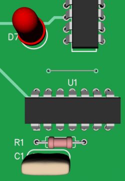 Widok 3D płytki drukowanej z zworką nad układem U1.