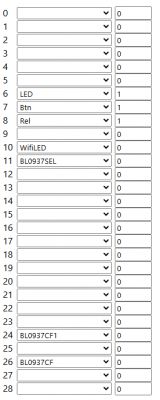Table with pin settings for an electronic device, with various assigned values.