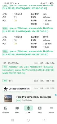 Zrzut ekranu z aplikacji pokazujący parametry sygnału LTE z kilku BTS-ów w rejonie Lipia
