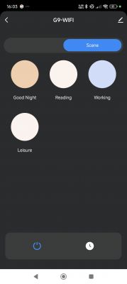 Light Scene Interface for G9-WIFI Bulb Tuya app interface with light scene options for G9-WIFI bulb.