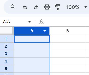 Zrzut ekranu z Arkuszy Google, ukazujący zaznaczoną kolumnę A.