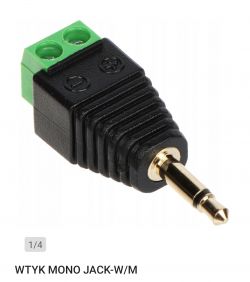 Widok na wtyk mono Jack 3.5 mm z zielonym złączem śrubowym.