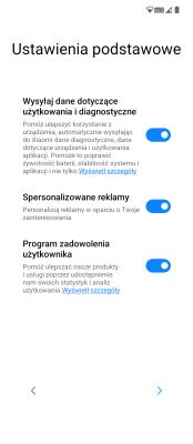 Ekran ustawień smartfona z opcjami dotyczącymi danych użytkowania i reklam.