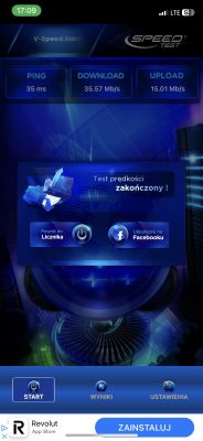 Zrzut ekranu ze speed testu pokazujący wyniki: ping 35 ms, download 35,57 Mb/s, upload 15,01 Mb/s.