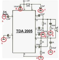 Jak podłączyć masy w schemacie wzmacniacza audio na TDA2005?