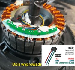Czujniki Halla SS49E zamontowane na płytce PCB silnika bezszczotkowego.