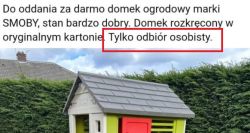 Plastikowy domek ogrodowy SMOBY w ogłoszeniu z informacją „Tylko odbiór osobisty”.