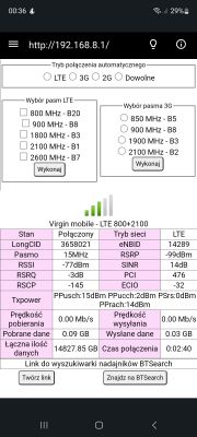 Zrzut ekranu interfejsu routera pokazujący ustawienia pasm sieci LTE i 3G oraz szczegóły połączenia dla Virgin Mobile na pasmach LTE 800+2100 MHz.